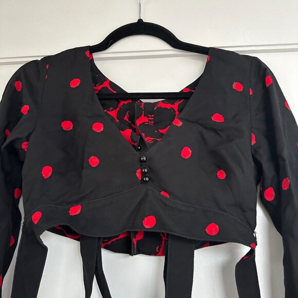 Proenza Schouler Long-sleeved Crop Top Sz 0 Back Bow Belt Black Red Polka Dot - Picture 7 of 10